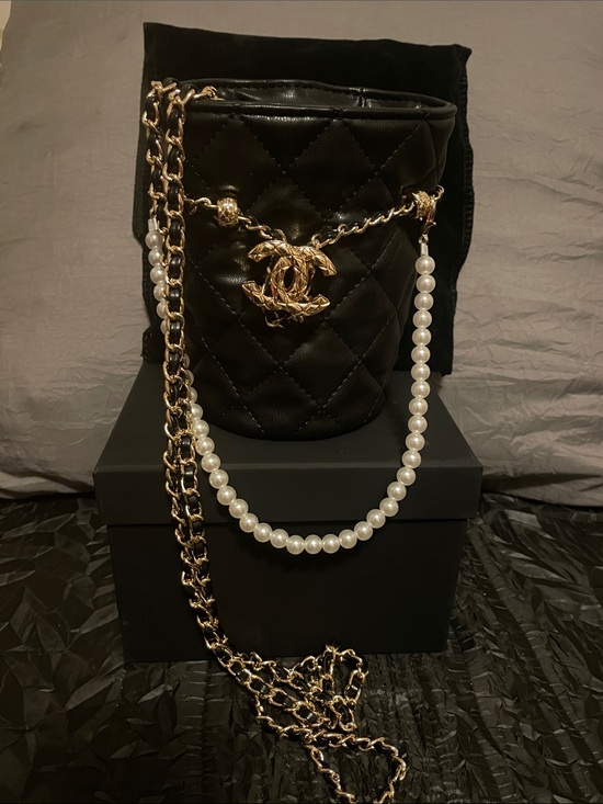 GWP Handbags - GWP Black Quilted Lambskin Mini Bucket with Gold Chain and Pearl Strap